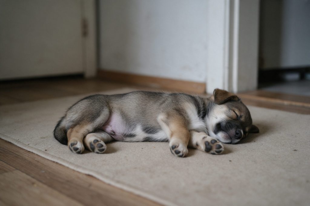 Cachorro durmiendo profundamente y relajado sobre una alfombra en casa