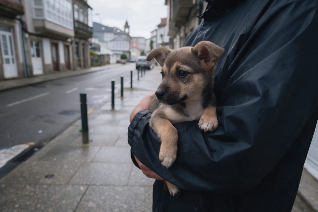 Persona con chubasquero llevando en brazos a un cachorro por una calle mojada