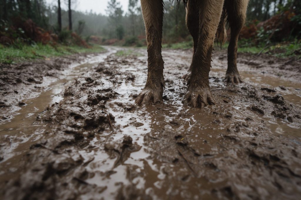 Pista de monte embarrada tras la lluvia, con las patas de un perro llenas de barro