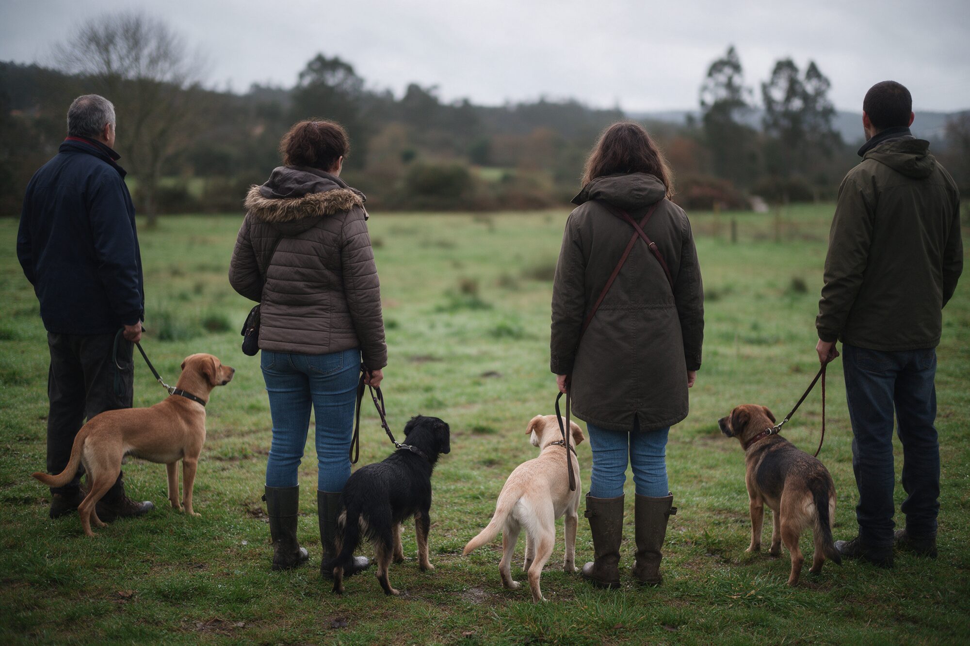 Grupo reducido de tutores con sus perros durante una clase de adiestramiento al aire libre