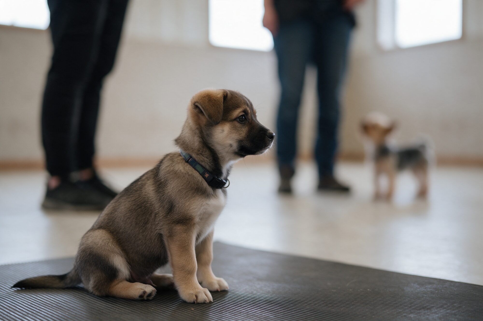 Cachorro sentado y atento durante una clase en grupo en un espacio interior