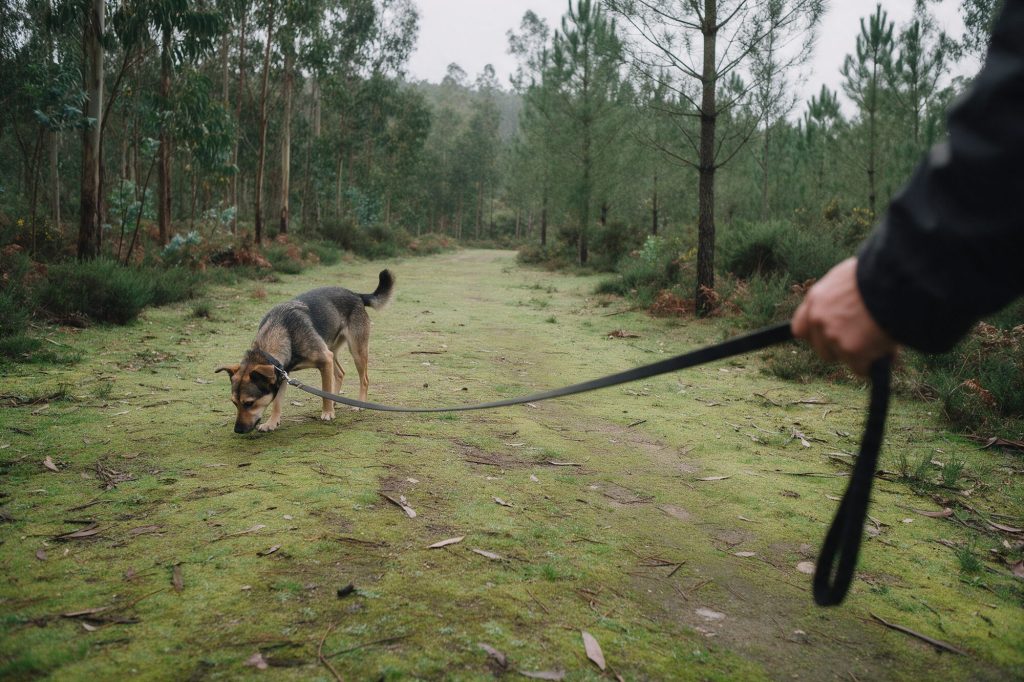 Perro olfateando al final de una correa larga en una senda de parque forestal